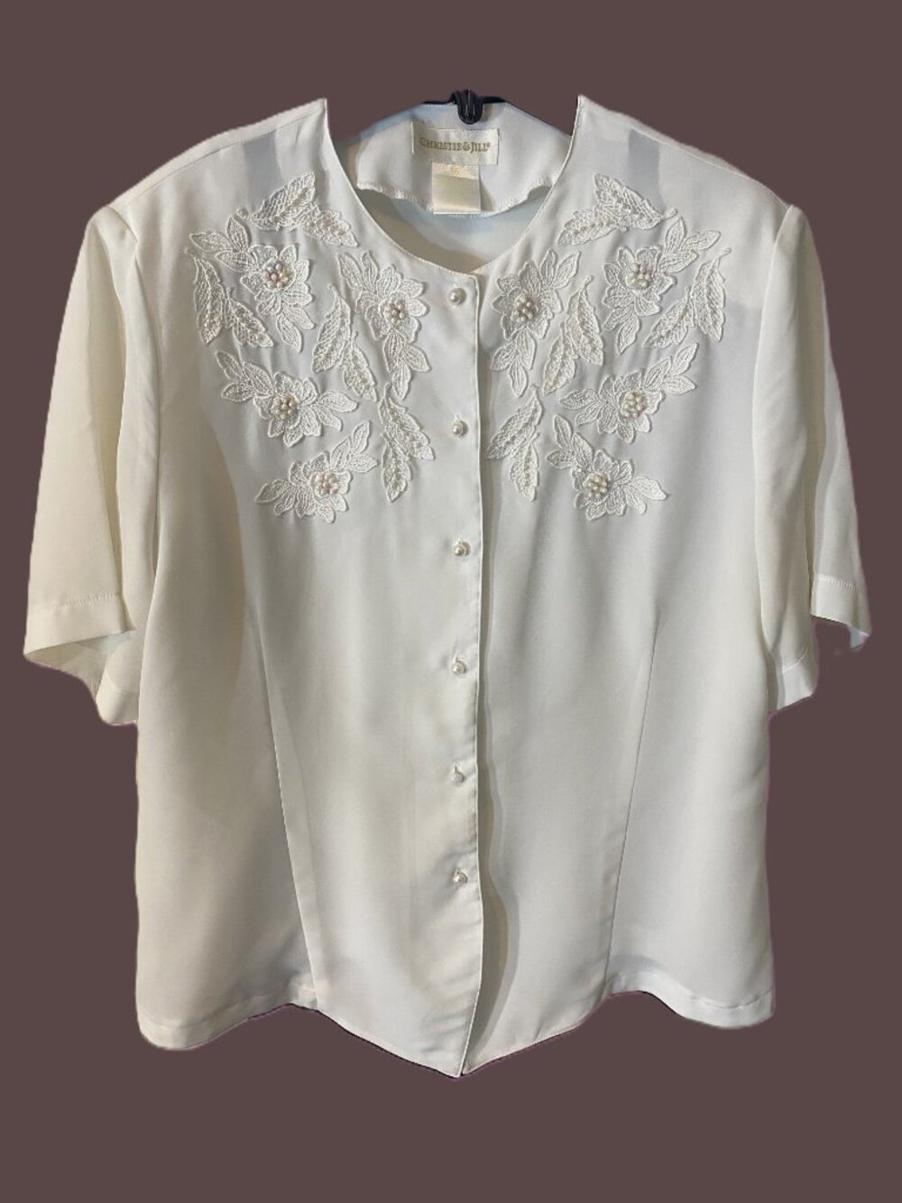 Vintage 80s Christie & Jill Beaded Lace Button Down Short Sleeve Blouse